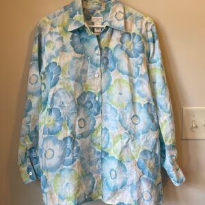 Liz Claiborne Womens Shirt Size M Blue Green Floral Linen Tunic Button Up Casual